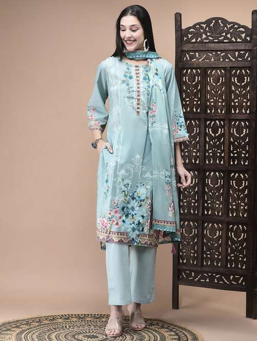 women floral three quarter sleeve kurta pant with dupatta set - 22070843 -  Standard Image - 0