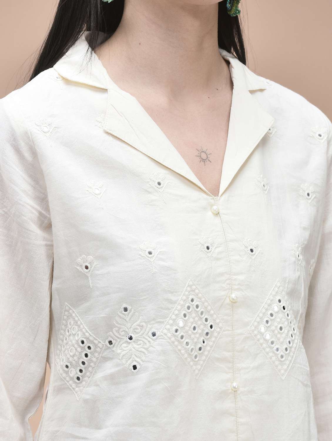 women solid with work three quarter sleeve kurta pant set - 22070845 -  Standard Image - 5