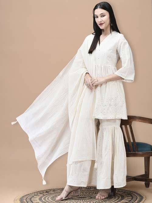 women solid with work three quarter sleeve kurta sharara with dupatta set - 22070847 -  Standard Image - 0