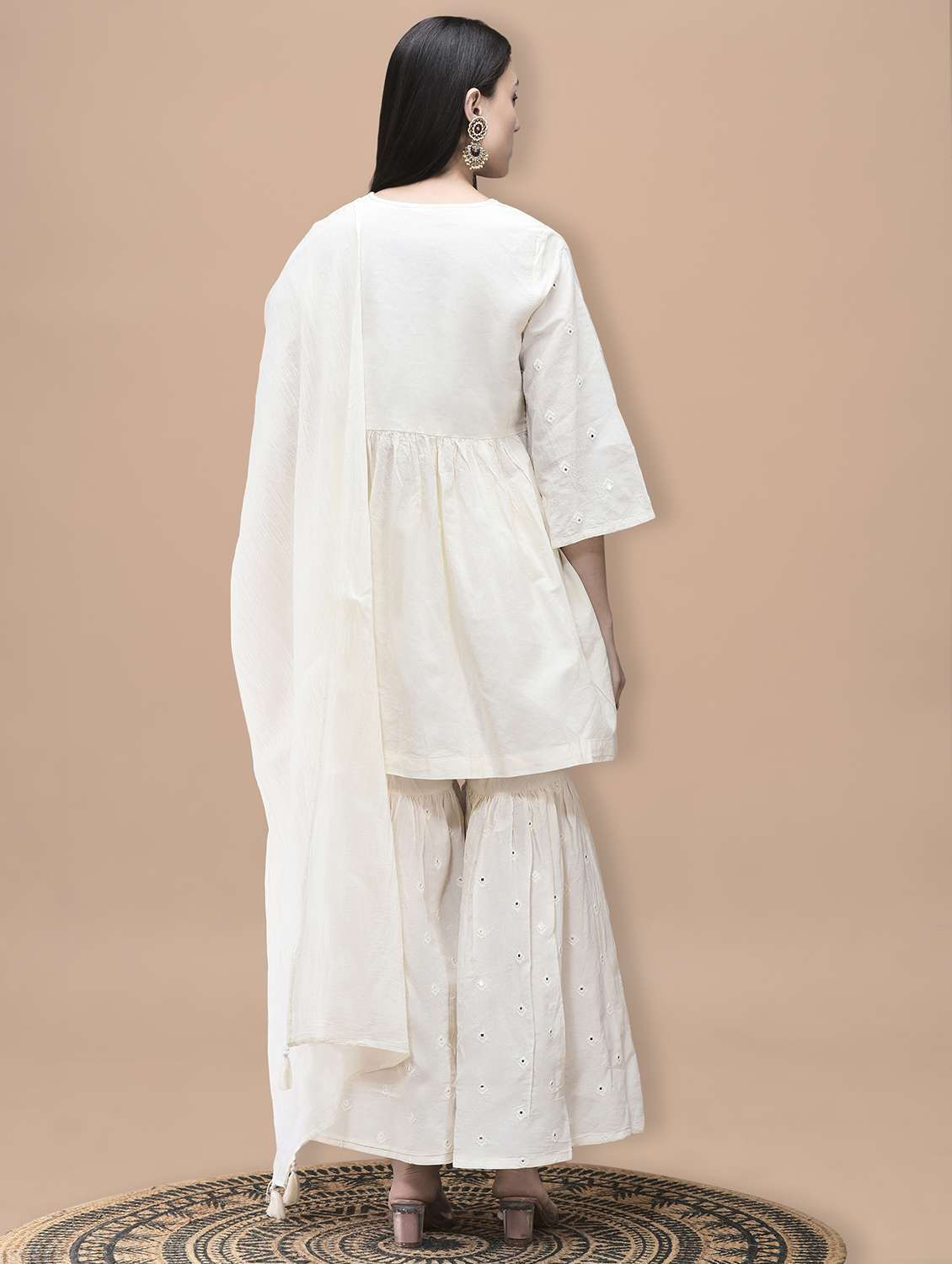 women solid with work three quarter sleeve kurta sharara with dupatta set - 22070847 -  Standard Image - 3