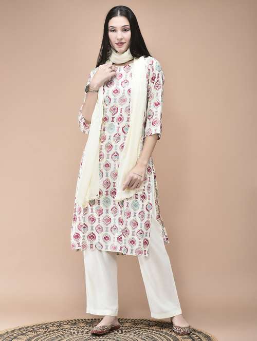 women printed three quarter sleeve kurta pant with dupatta set - 22070849 -  Standard Image - 0
