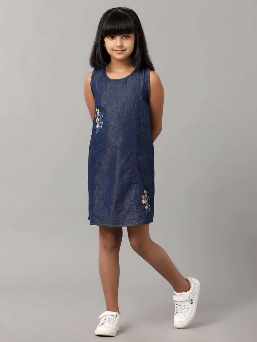 girls embroidered sleeveless denim a-line dress - 22071052 -  Zoom Image - 0