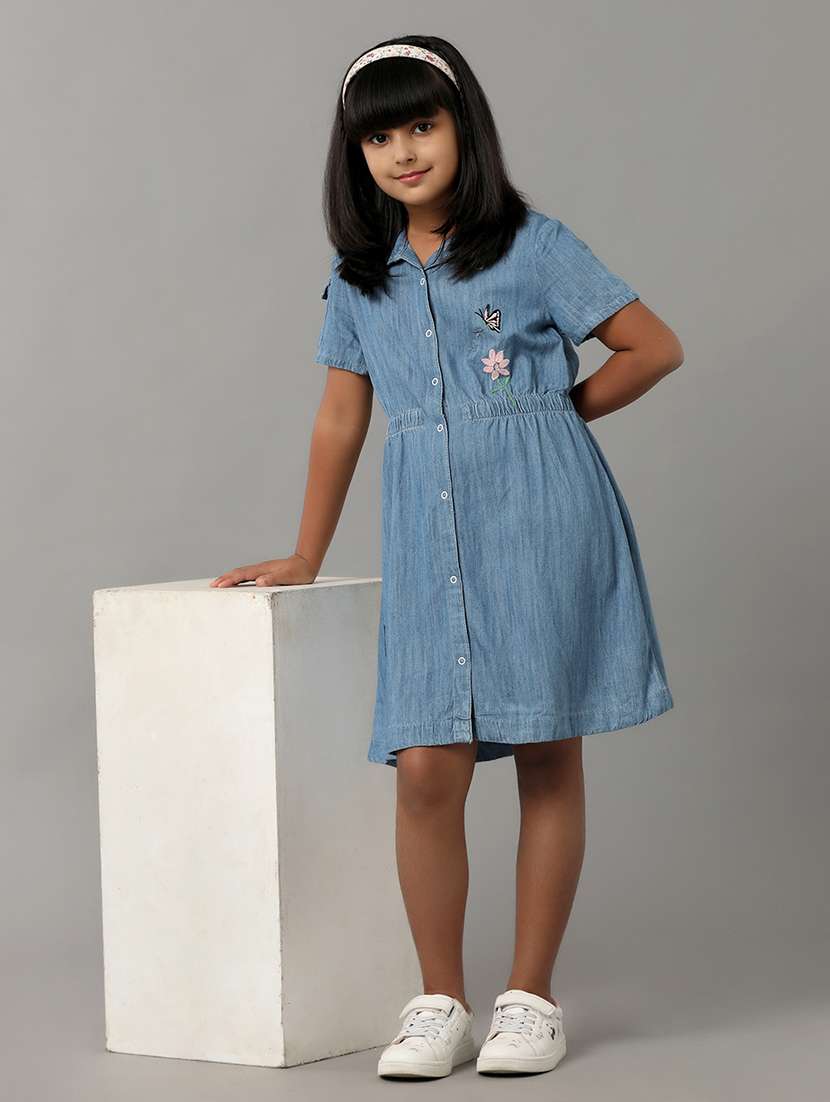 girls solid collared denim a-line dress