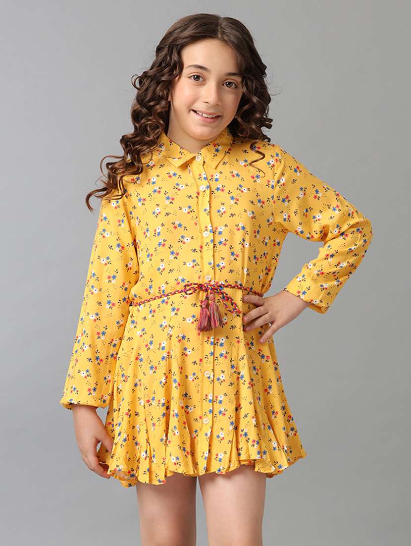 girls printed long sleeve collared fit & flare dress - 22071061 - Zoom Image - 0