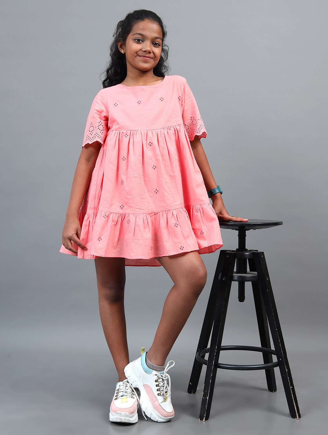girls solid short sleeve schiffli tiered dress