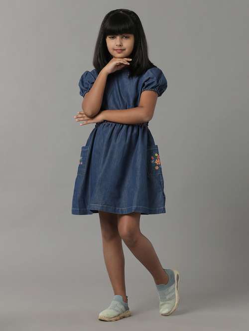 girls solid puff sleeve denim fit & flare dress - 22071076 - Standard Image - 0