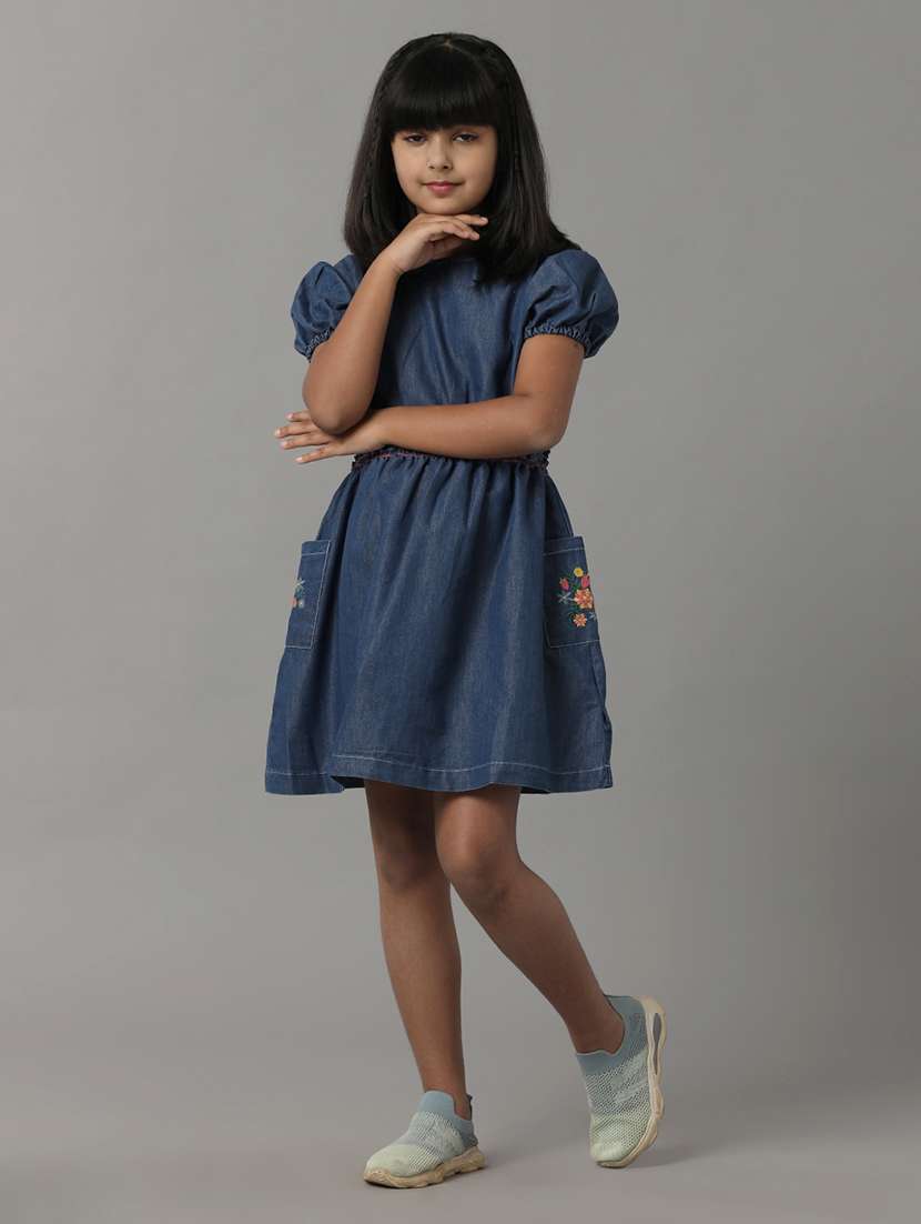 girls solid puff sleeve denim fit & flare dress - 22071076 - Zoom Image - 0
