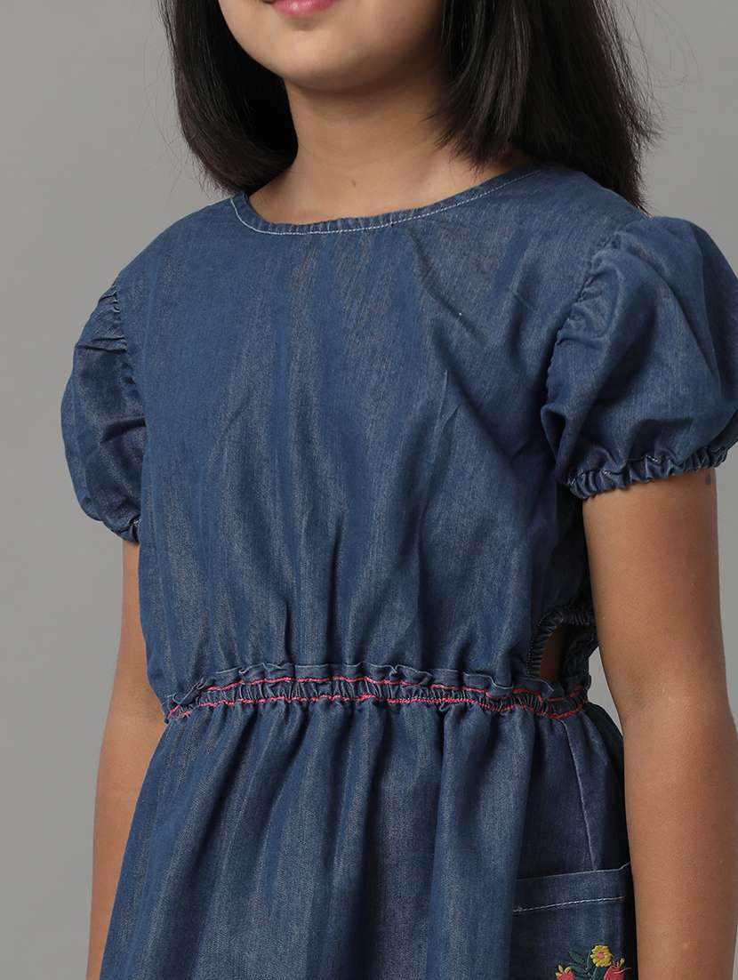 girls solid puff sleeve denim fit & flare dress - 22071076 - Standard Image - 3