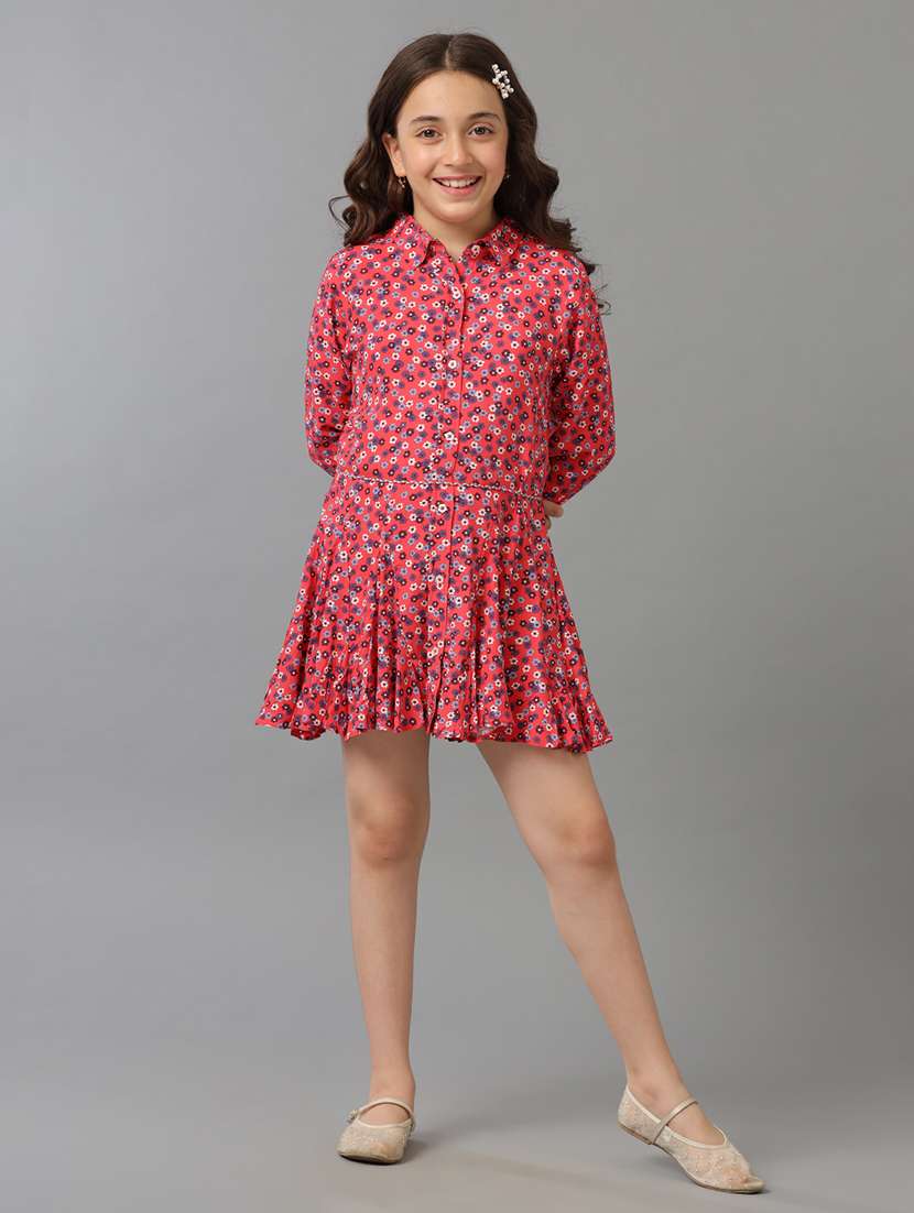girls printed collared long sleeve tiered dress