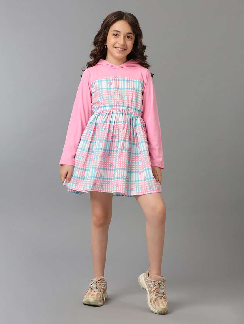 girls printed long sleeve hooded fit & flare dress - 22071108 - Zoom Image - 0