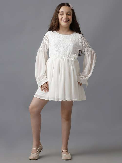 girls solid puff sleeve fit & flare dress - 22071112 - Standard Image - 0