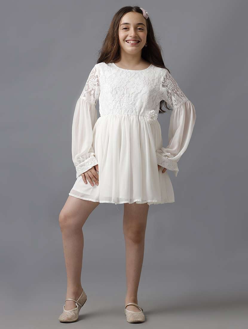 girls solid puff sleeve fit & flare dress - 22071112 - Zoom Image - 0