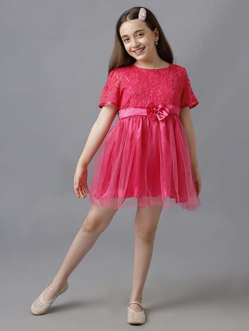 girls solid short sleeve lace fit & flare dress - 22071114 - Standard Image - 0