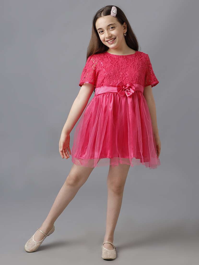 girls solid short sleeve lace fit & flare dress