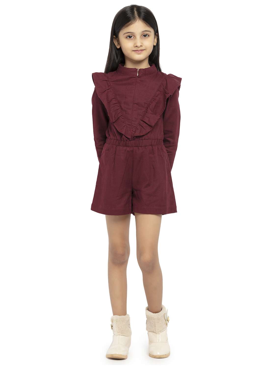girls maroon solid long sleeve playsuit