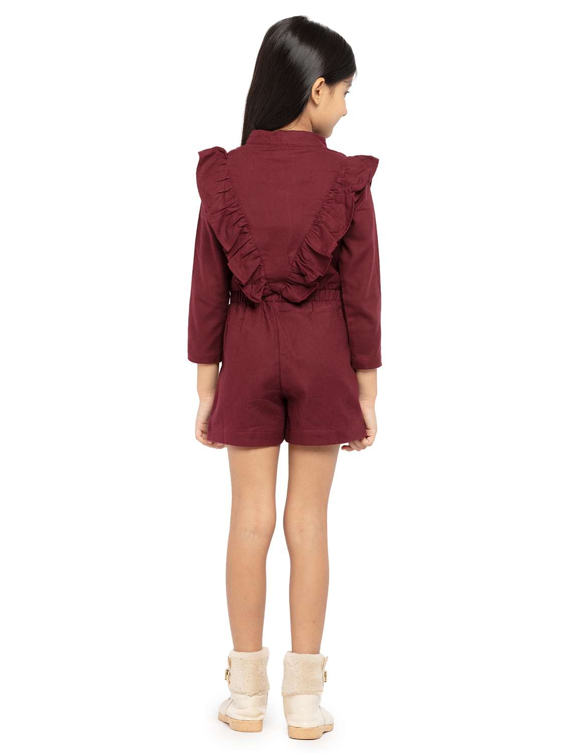 girls maroon solid long sleeve playsuit - 22071115 -  Standard Image - 3