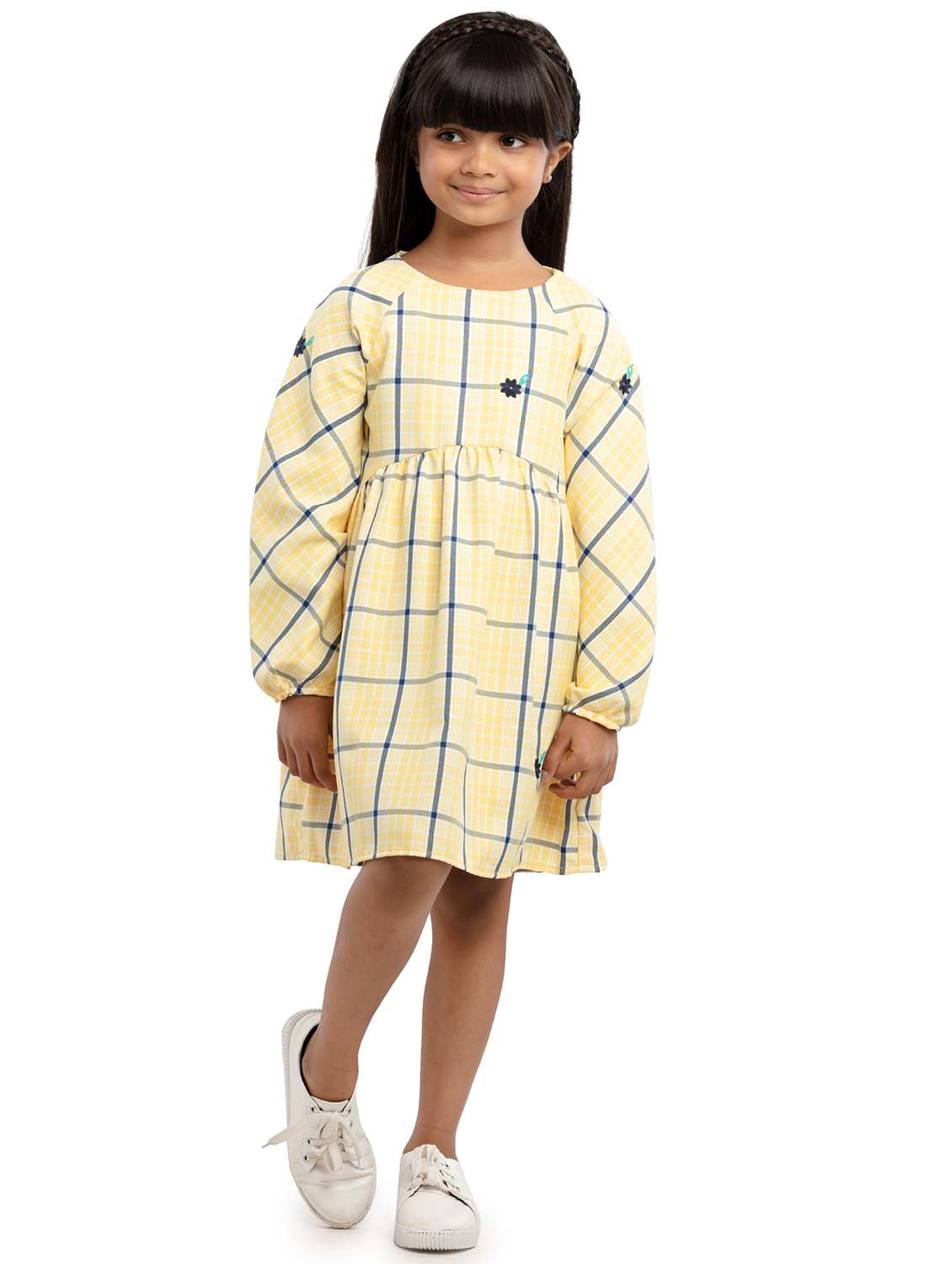 girls checkered puff sleeve fit & flare dress - 22071125 - Zoom Image - 0