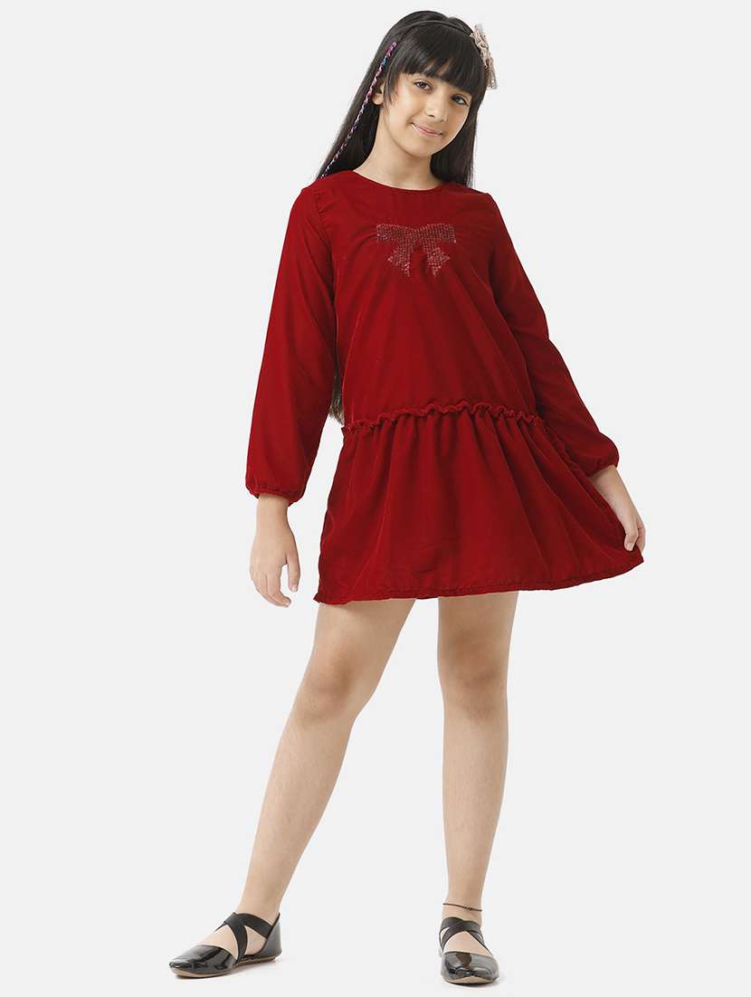 girls solid long sleeve round neck tiered dress