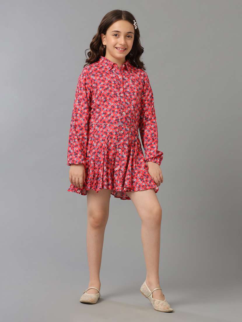 girls printed long sleeve collared fit & flare dress