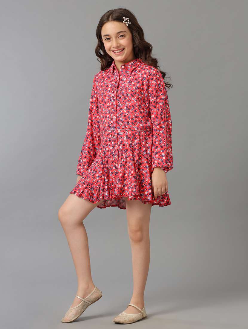 girls printed long sleeve collared fit & flare dress - 22071144 - Standard Image - 3
