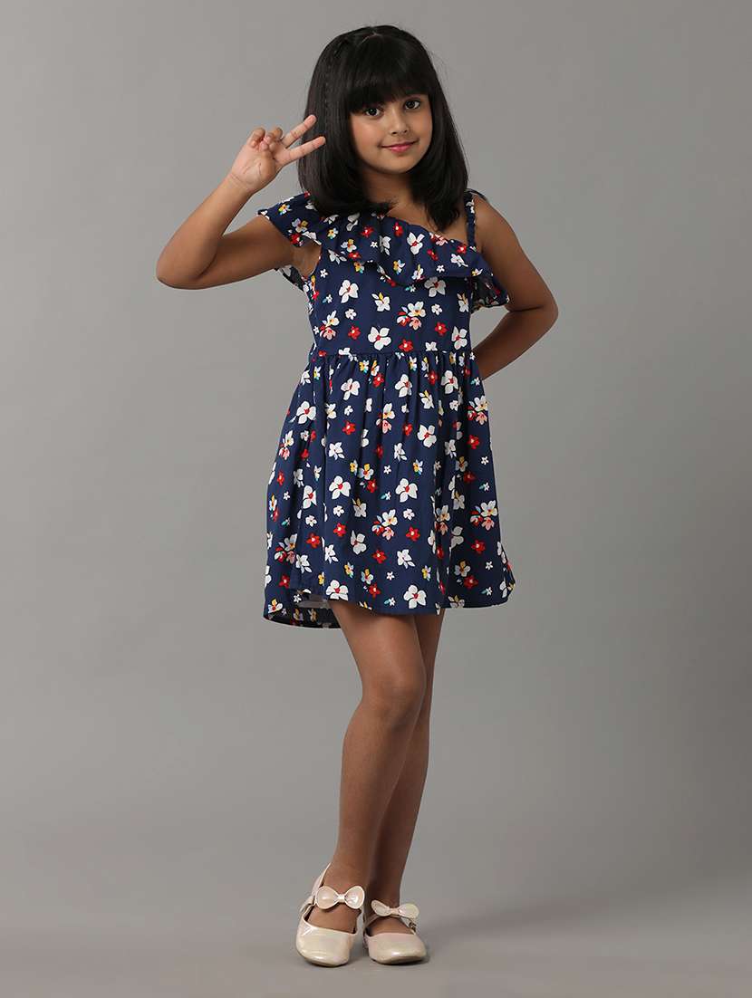 girls printed single shoulder fit & flare dress