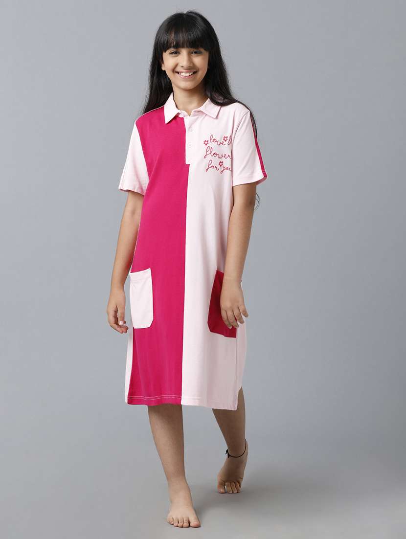 girls color blocked short sleeve collared a-line dress