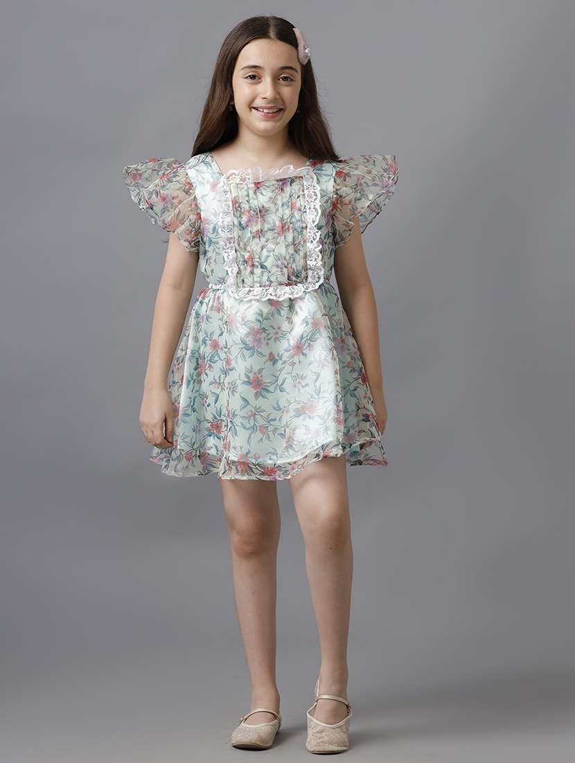 girls floral print ruffle sleeve fit & flare dress