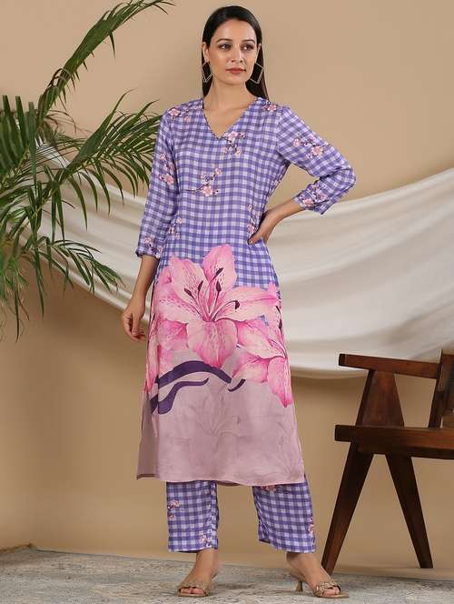 women printed three quarter sleeve kurta pant set - 22071163 -  Standard Image - 0