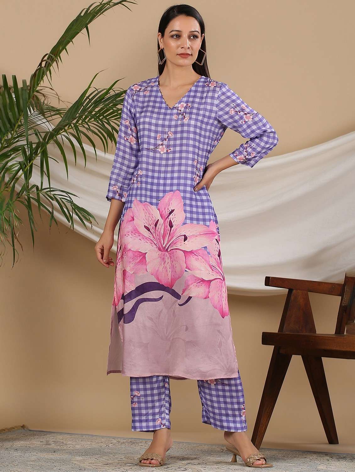 women printed three quarter sleeve kurta pant set - 22071163 -  Zoom Image - 0