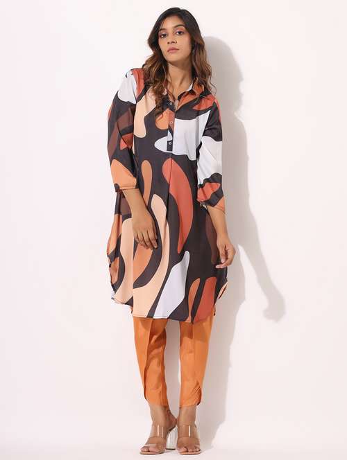 women abstract printed three quarter sleeve kurta pant set - 22071167 - Standard Image - 0