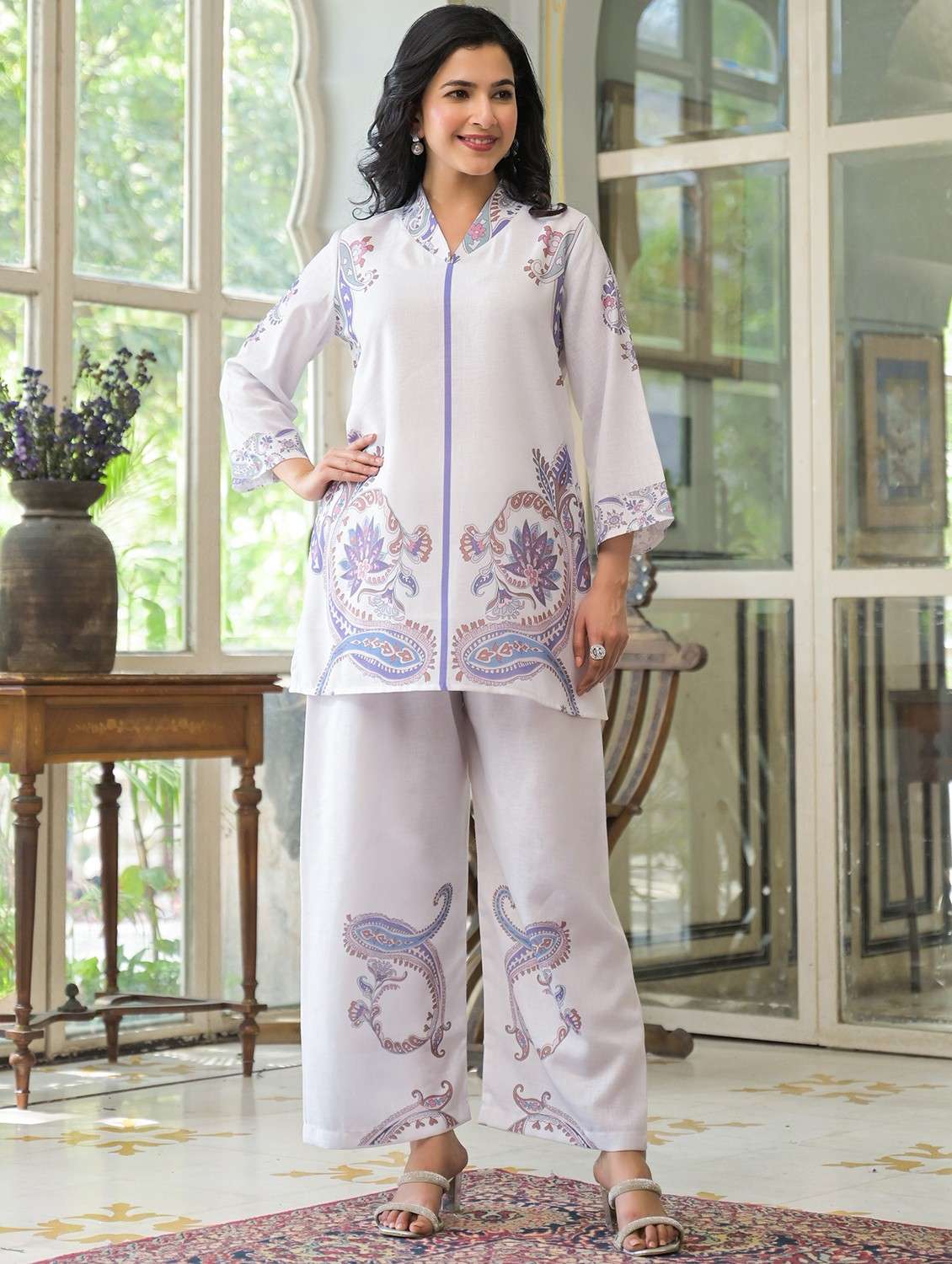 women printed three quarter sleeve ethnic co-ord set