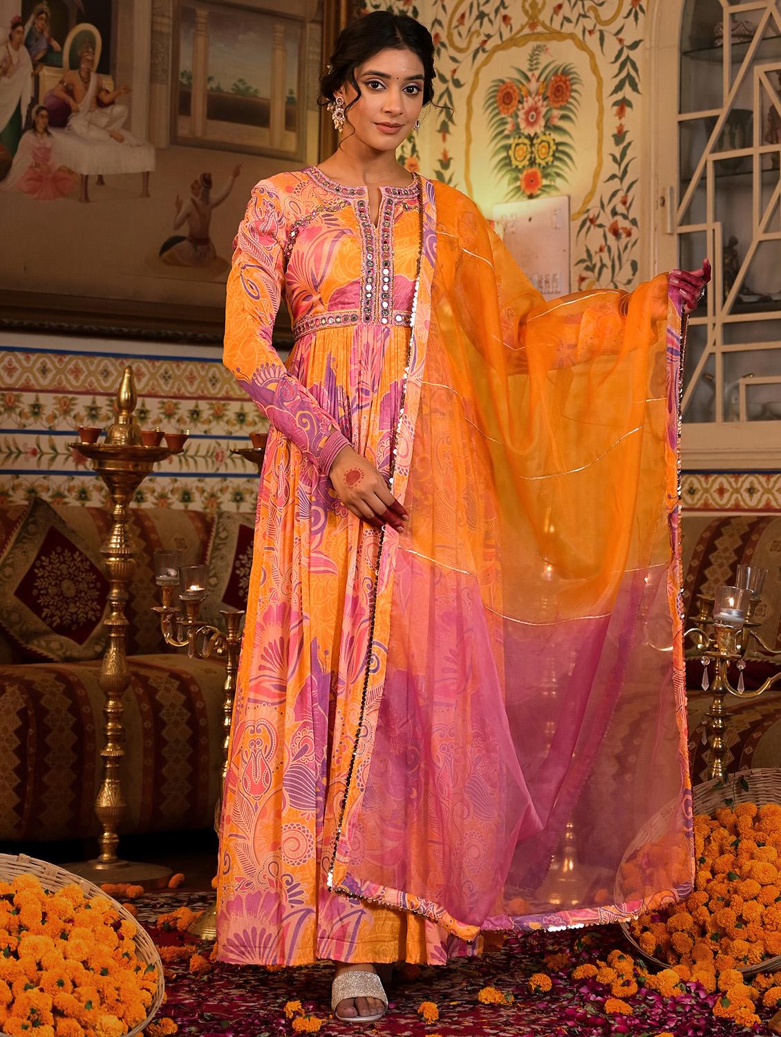 women floral print long sleeve anarkali kurta and dupatta set - 22071177 - Zoom Image - 0