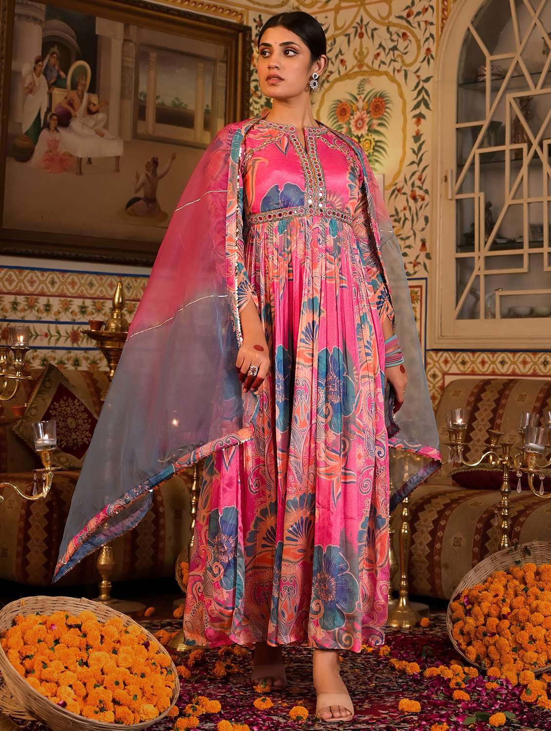 women printed long sleeve anarkali and dupatta set - 22071178 - Standard Image - 3