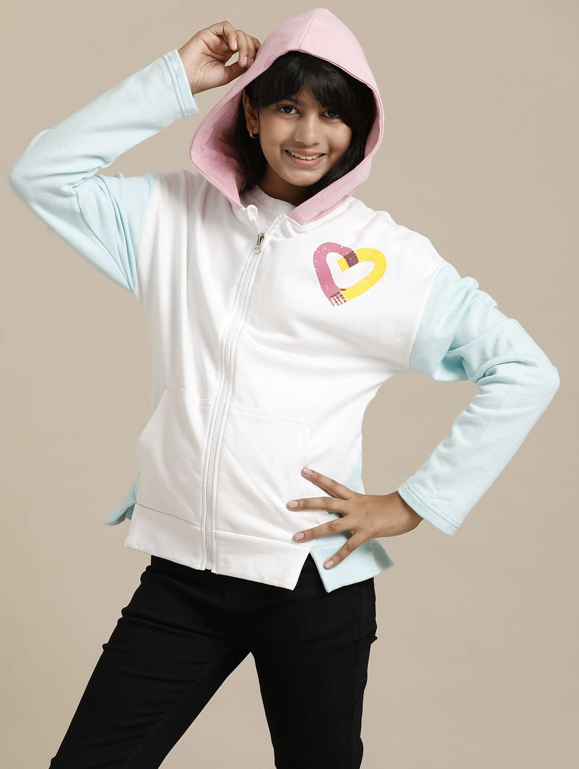 girls color blocked long sleeve hooded regular jacket - 22071205 -  Zoom Image - 0
