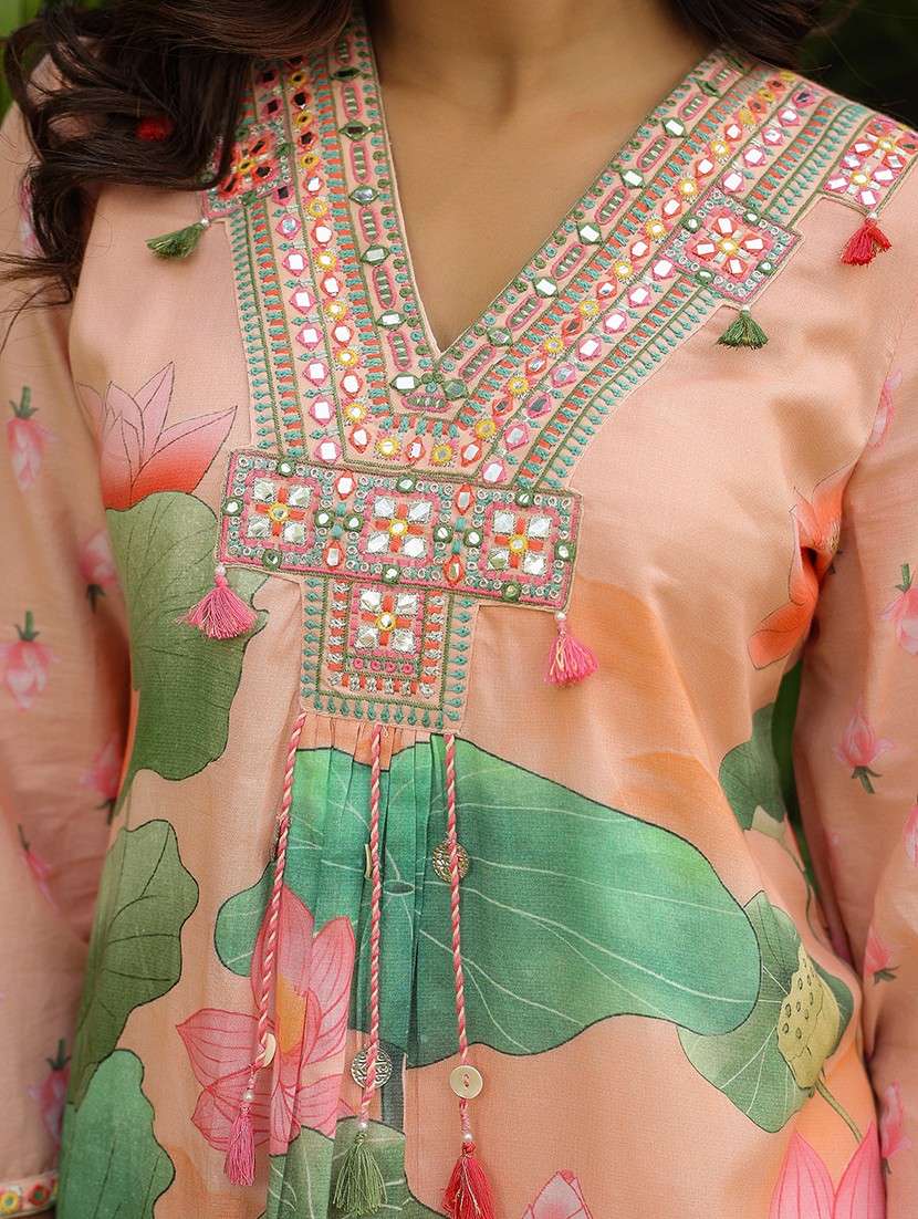 women printed three quarter sleeve ethnic co-ord set - 22071209 -  Standard Image - 3