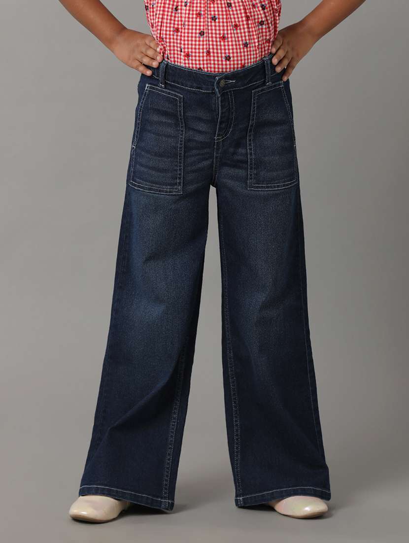 girls solid mid rise wide leg jeans