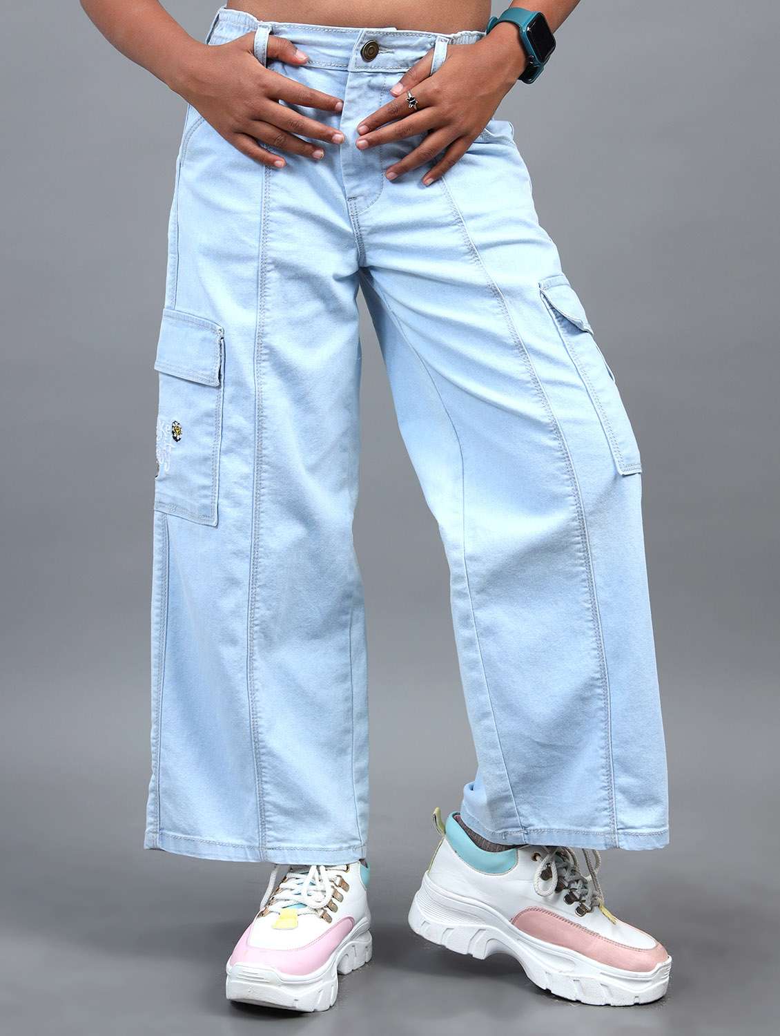 girls solid mid rise relaxed fit cargo