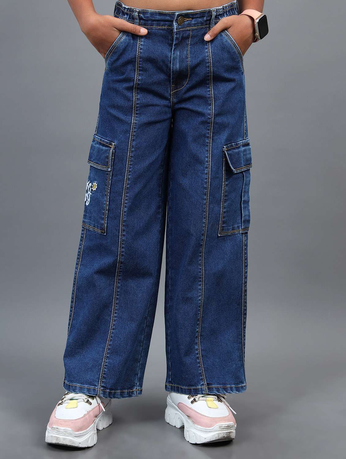girls solid mid rise relaxed fit cargo