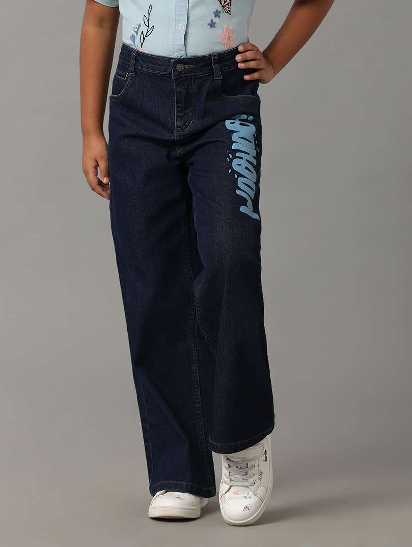 girls solid mid rise wide leg jeans
