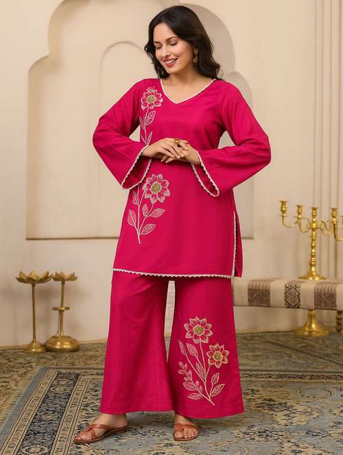 women embroidered long sleeve ethnic co-ord set - 22071289 - Standard Image - 0