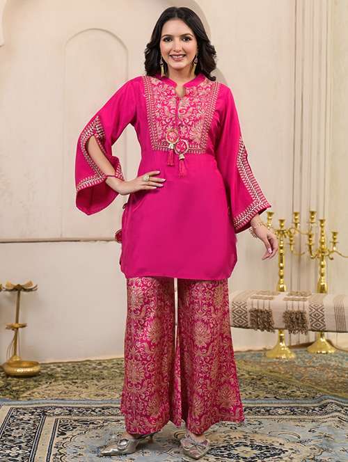 women embroidered long sleeve ethnic co-ord set - 22071290 - Standard Image - 0