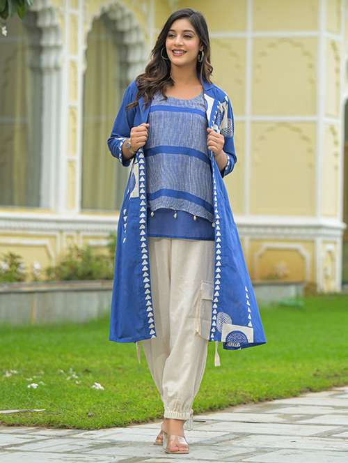 women printed three quarter sleeve fusion set - 22071297 - Standard Image - 0