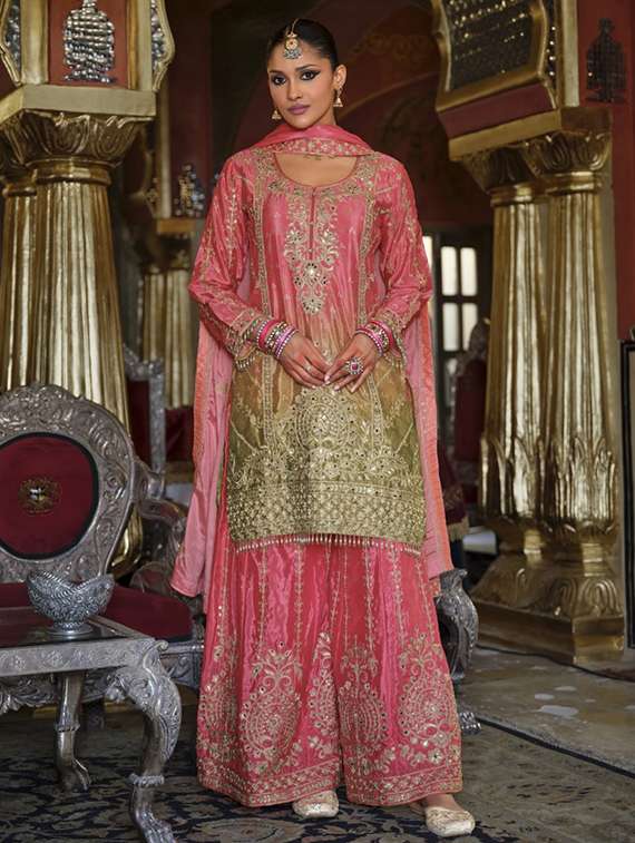 women embroidered long sleeve kurta sharara with dupatta set
