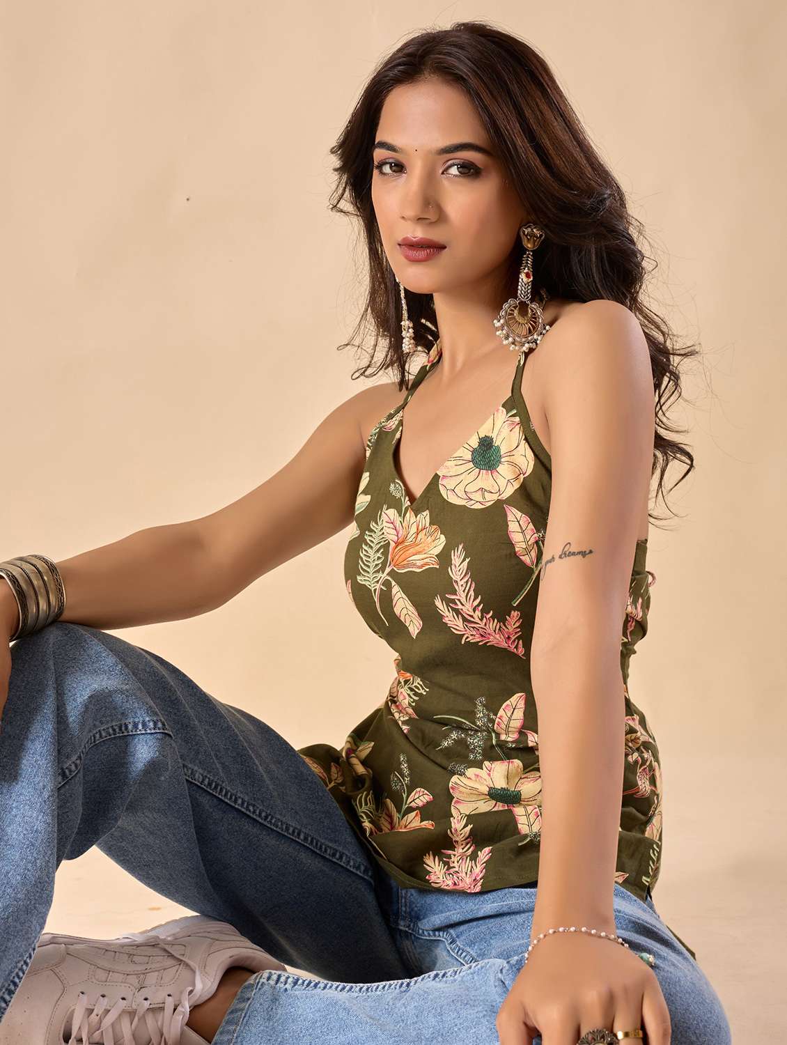 women floral printed halter neck ethnic top