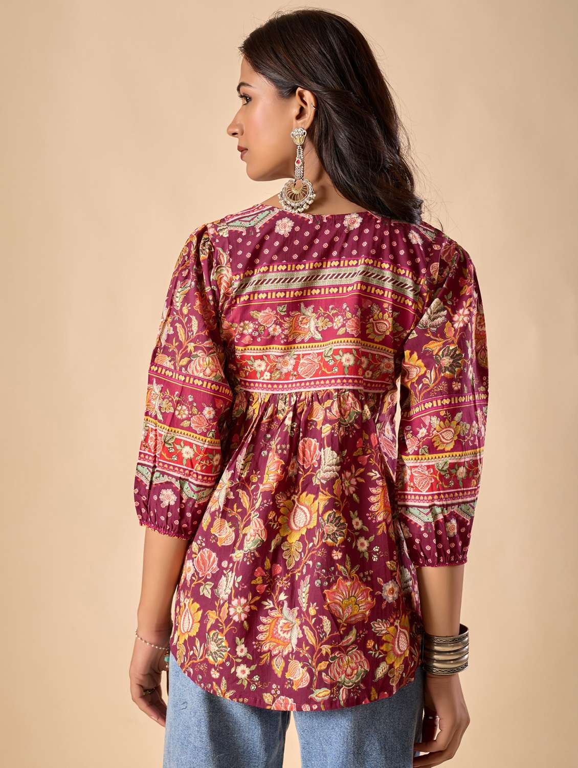 women floral printed three quarter sleeve ethnic top - 22071331 -  Standard Image - 3