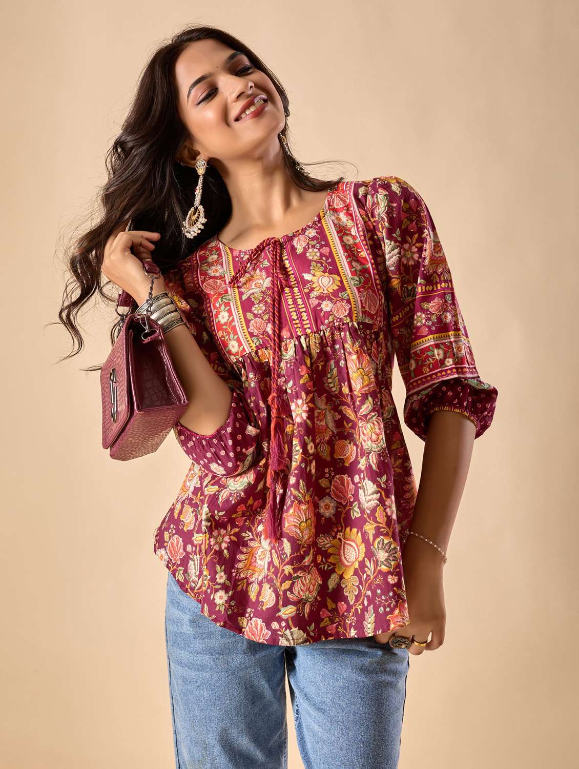 women floral printed three quarter sleeve ethnic top - 22071331 -  Standard Image - 5