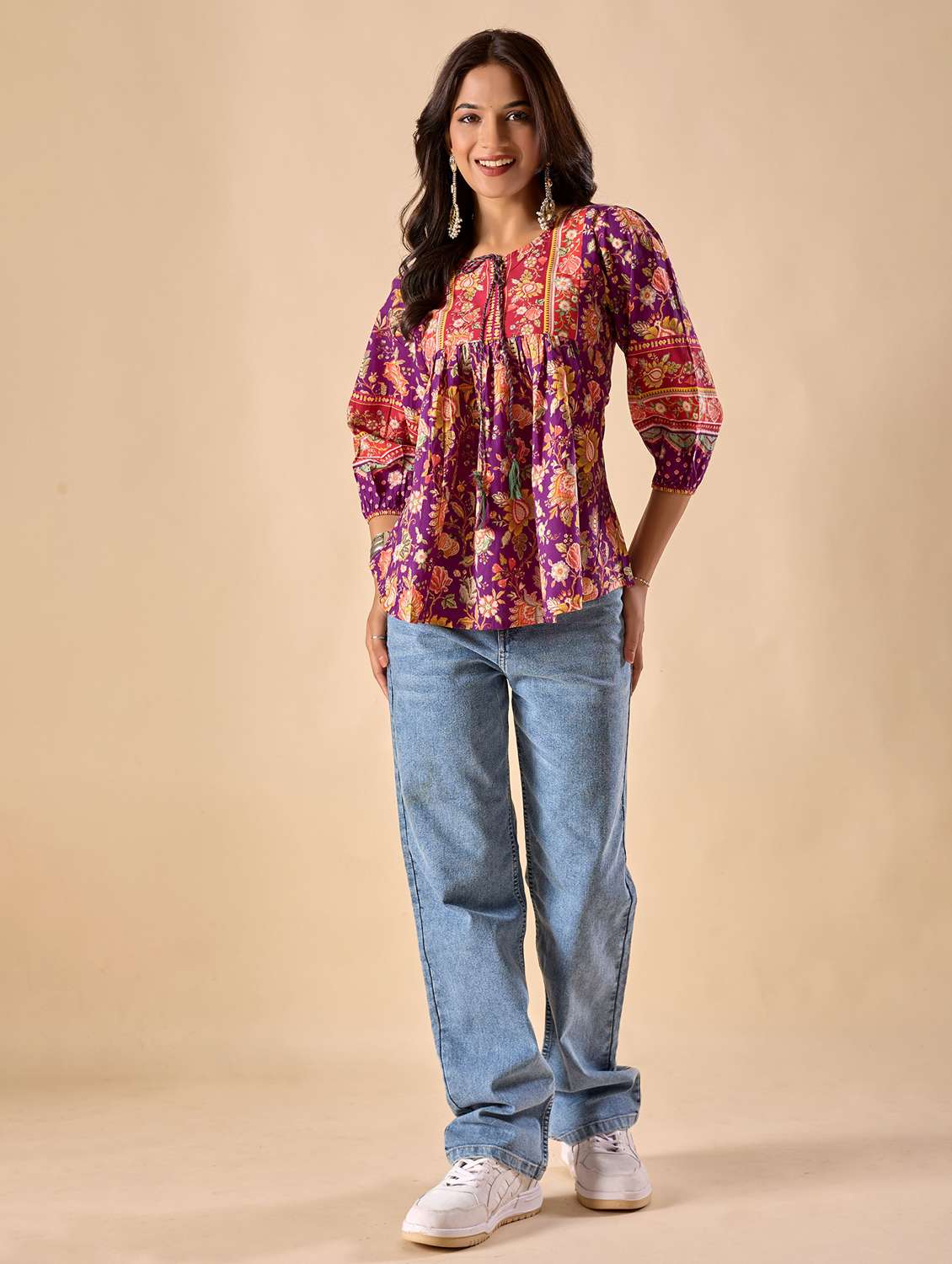 women floral printed three quarter sleeve ethnic top - 22071332 -  Standard Image - 5