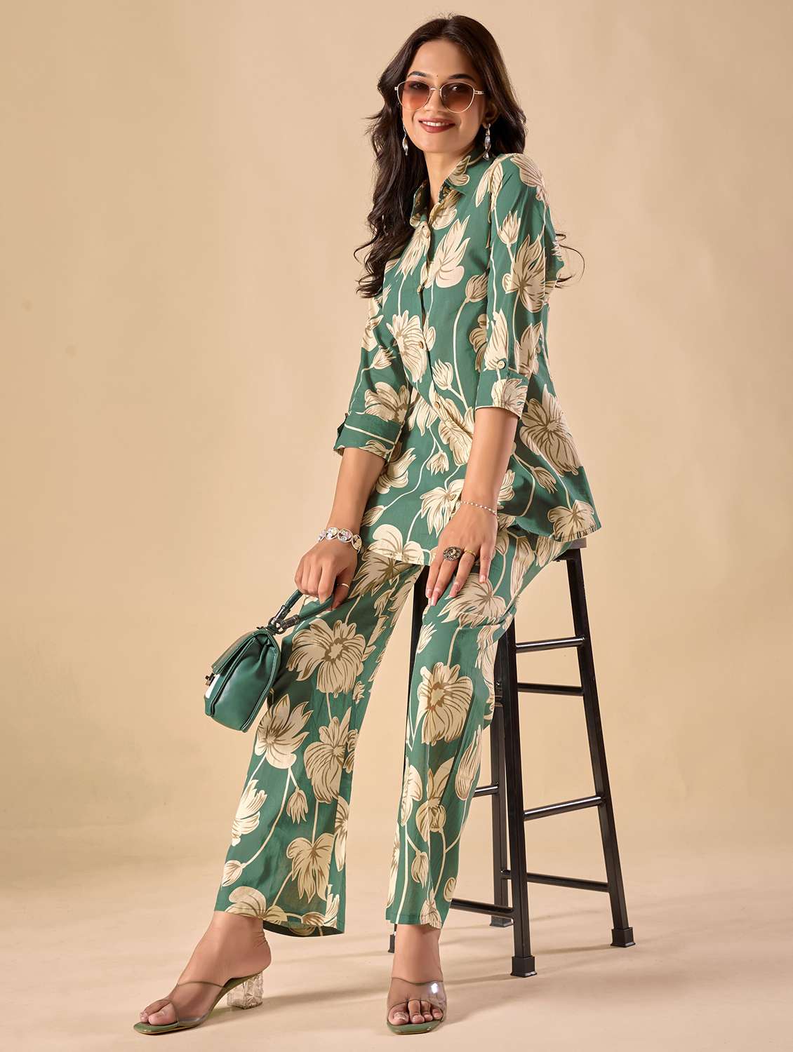 women floral three quarter sleeve ethnic co-ord set