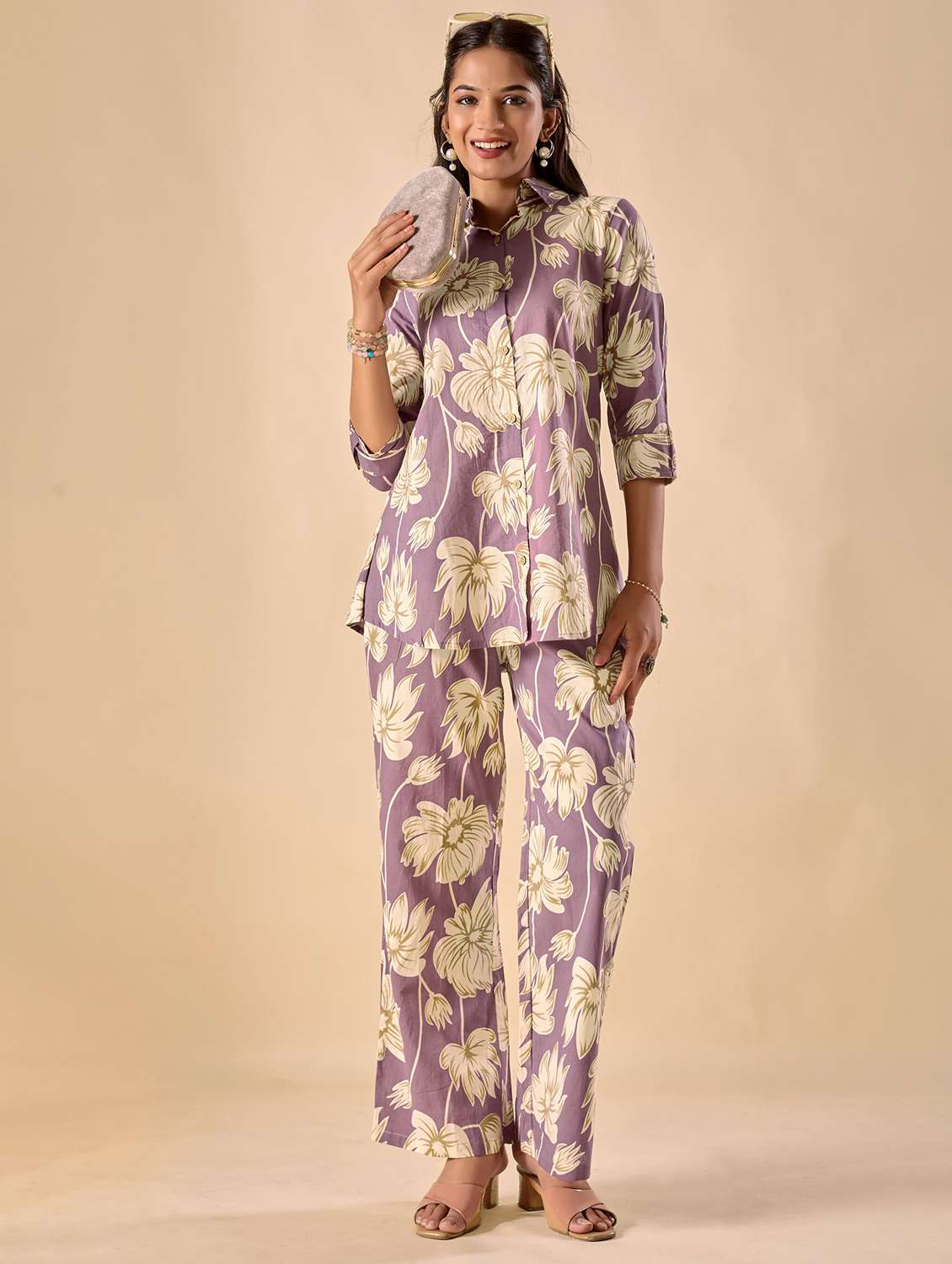 women floral three quarter sleeve ethnic co-ord set