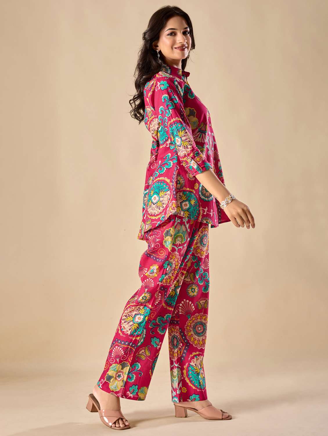 women floral three quarter sleeve ethnic co-ord set - 22071336 - Standard Image - 3